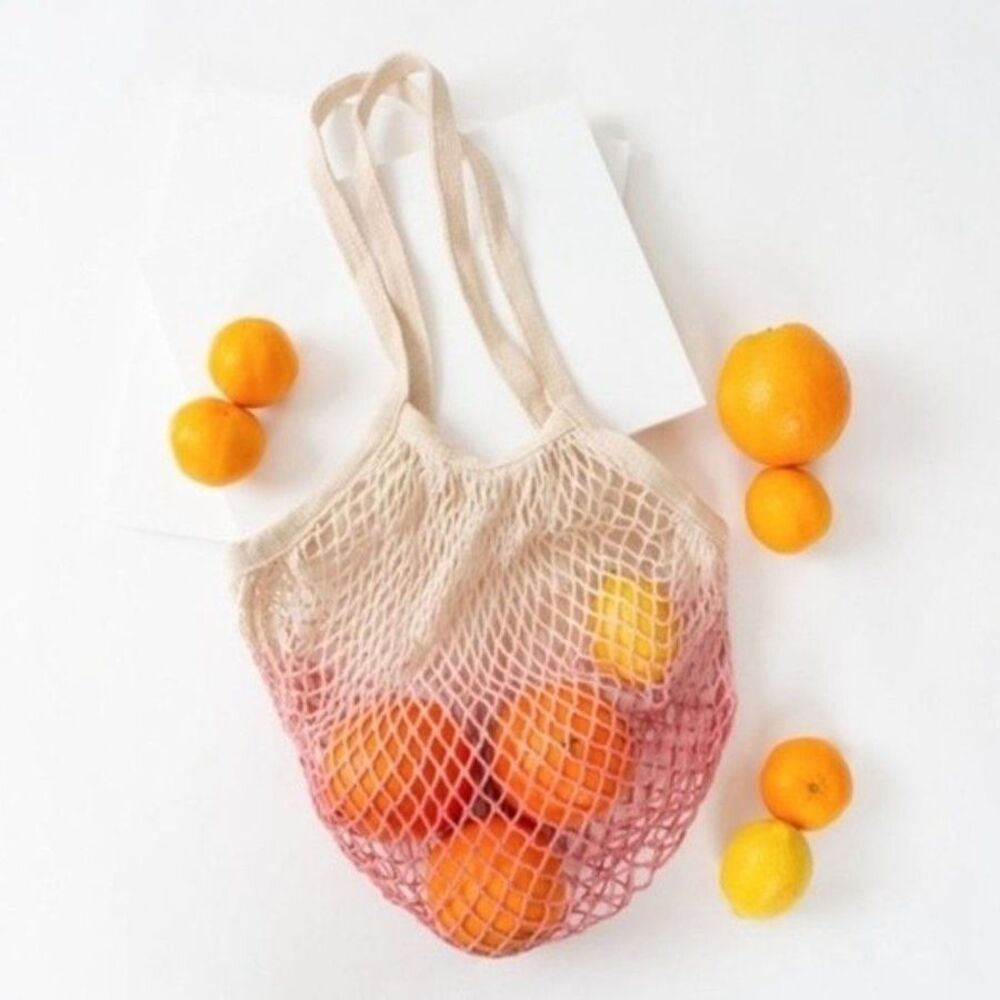 Camp Collection Dip Dye Market Tote Woven Cotton Net Bag Cream Pink Packable